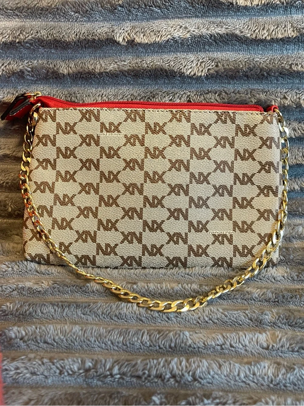 MK-inspired Beige & Brown Chain Shoulder Pouch with Red Trim